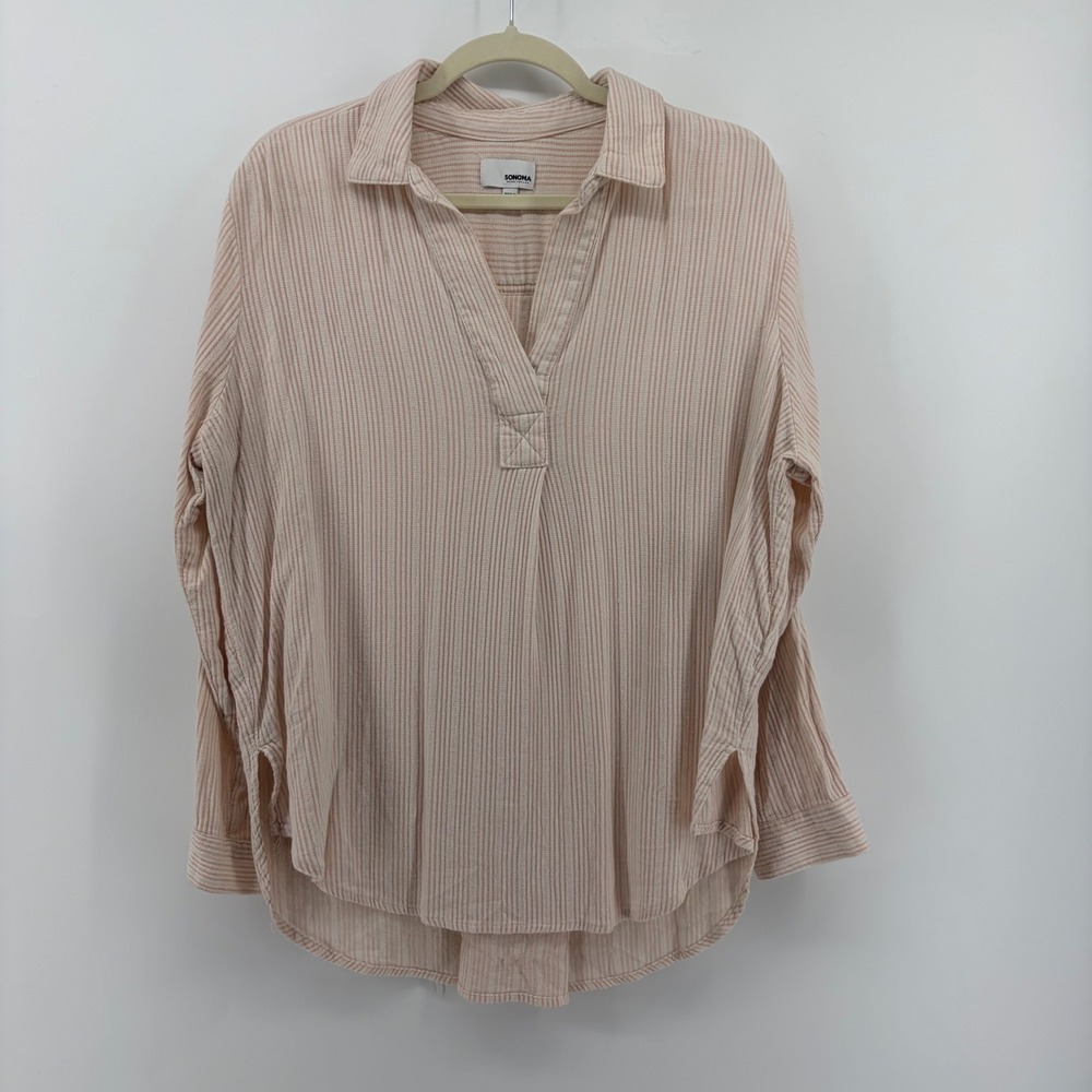SONOMA Goods for Life Women's Striped Collared Button‎ Up Shirt Beige Pink PXL